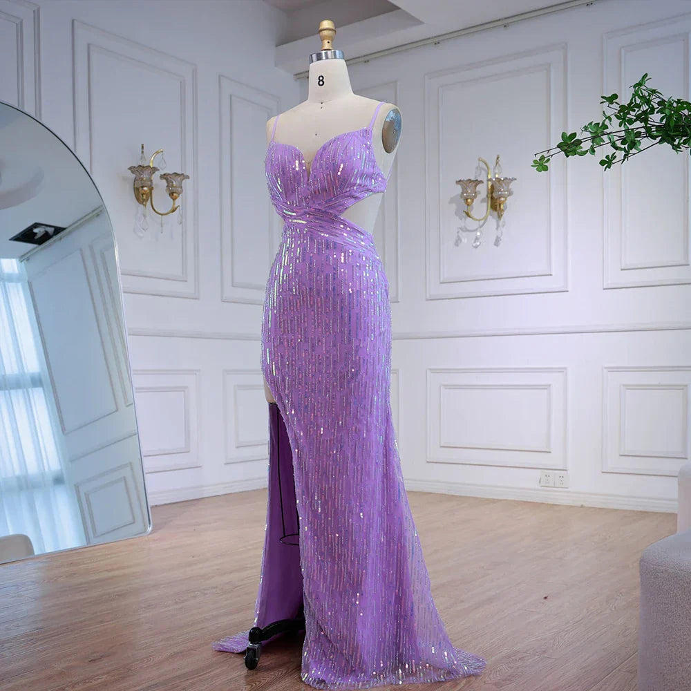 Vestido de Gala Luxuoso Roxo com Lantejoulas, Fenda Lateral e Cintura Recortada LA73000