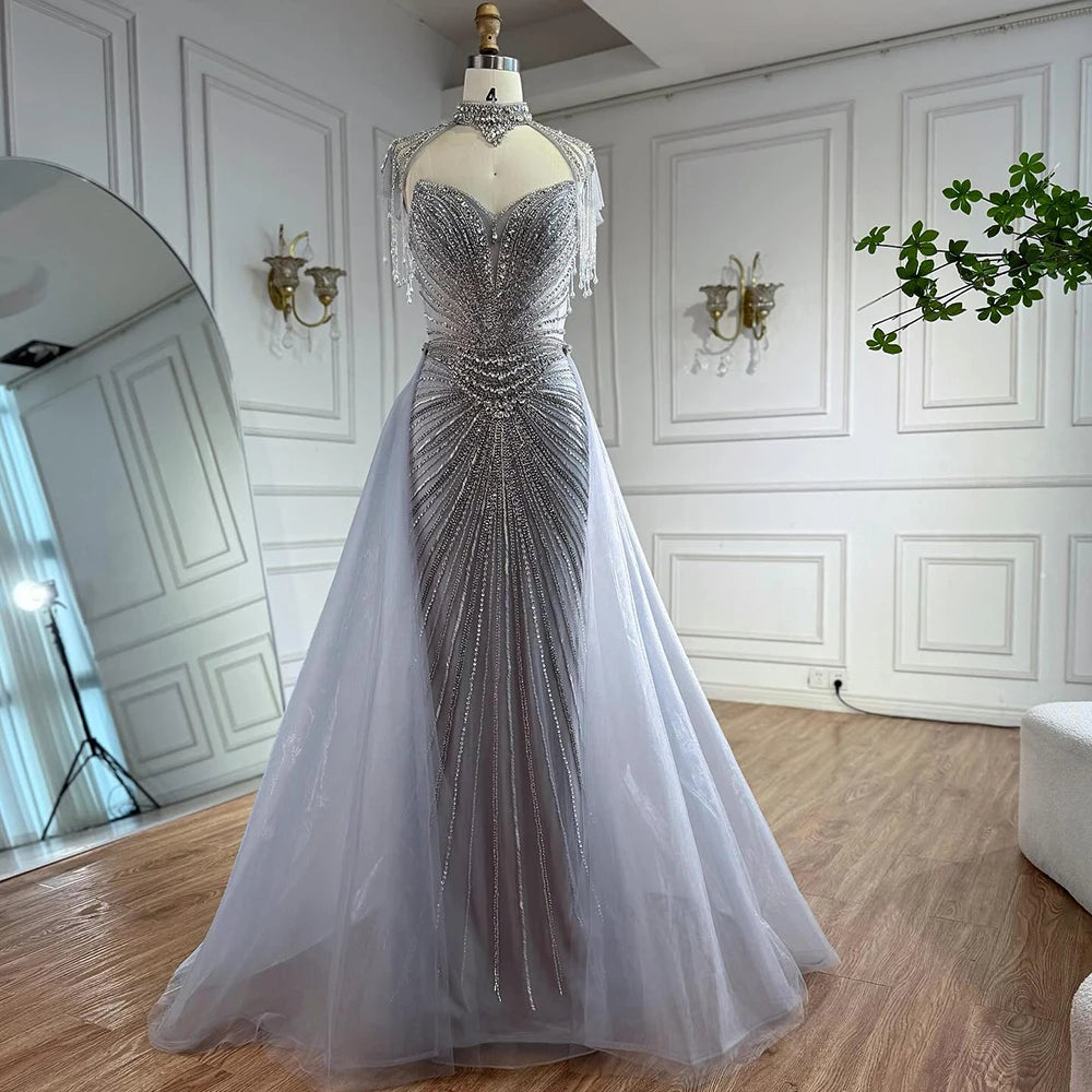 Serene Hill Nude Mermaid Tassel Beaded Evening Dress with Detachable Overskirt Formal Party Gown for Women DLA73182 Customized