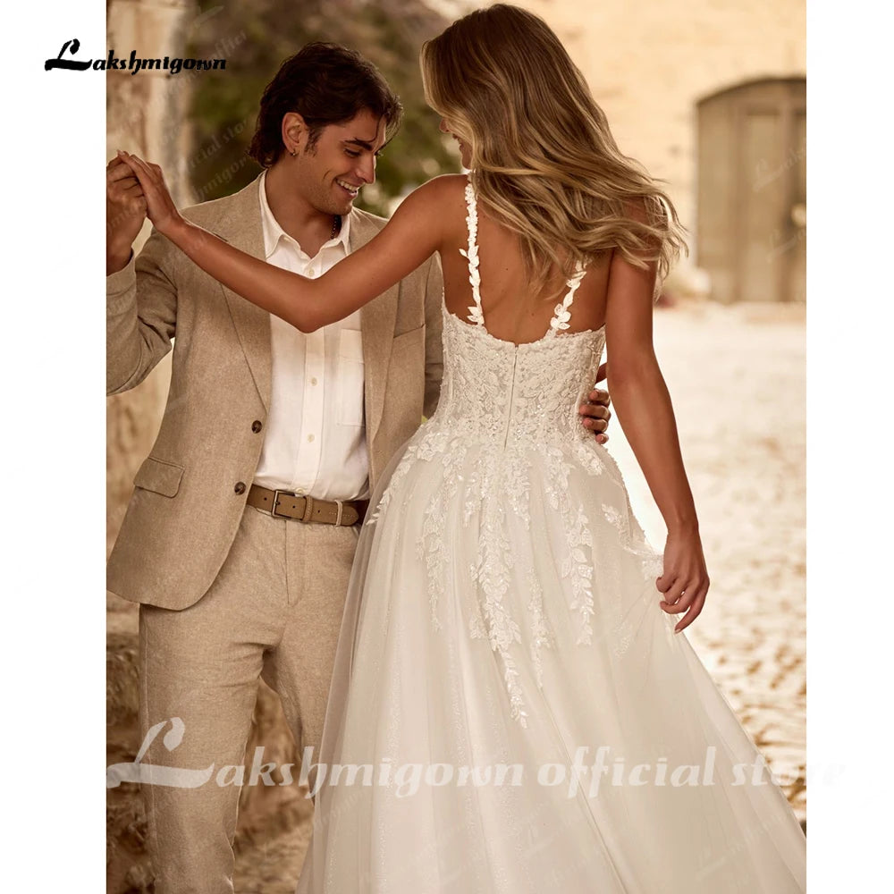 Lakshmigown Sexy Glitter Tulle Wedding Dress Spaghetti Straps V Neck Sequined Applique Split Bridal Dresses Customized