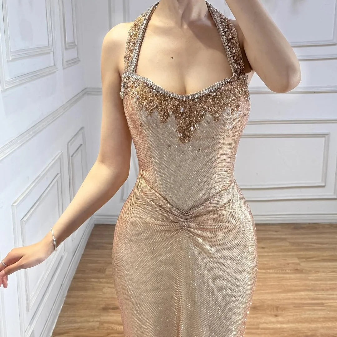 Serene Hill Rose Gold Mermaid Beaded Evening Dress Elegant Sparkly Wedding Party Gown with Ruched Waist DLA73410B Customized