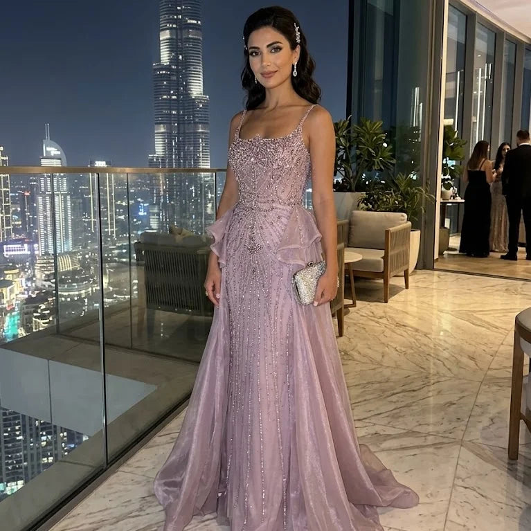 Serene Hill 2026 Luxury Caramel Crystal Beaded Spaghetti Strap Mermaid Evening Dress Gowns for Formal Party DLA72810A Customized