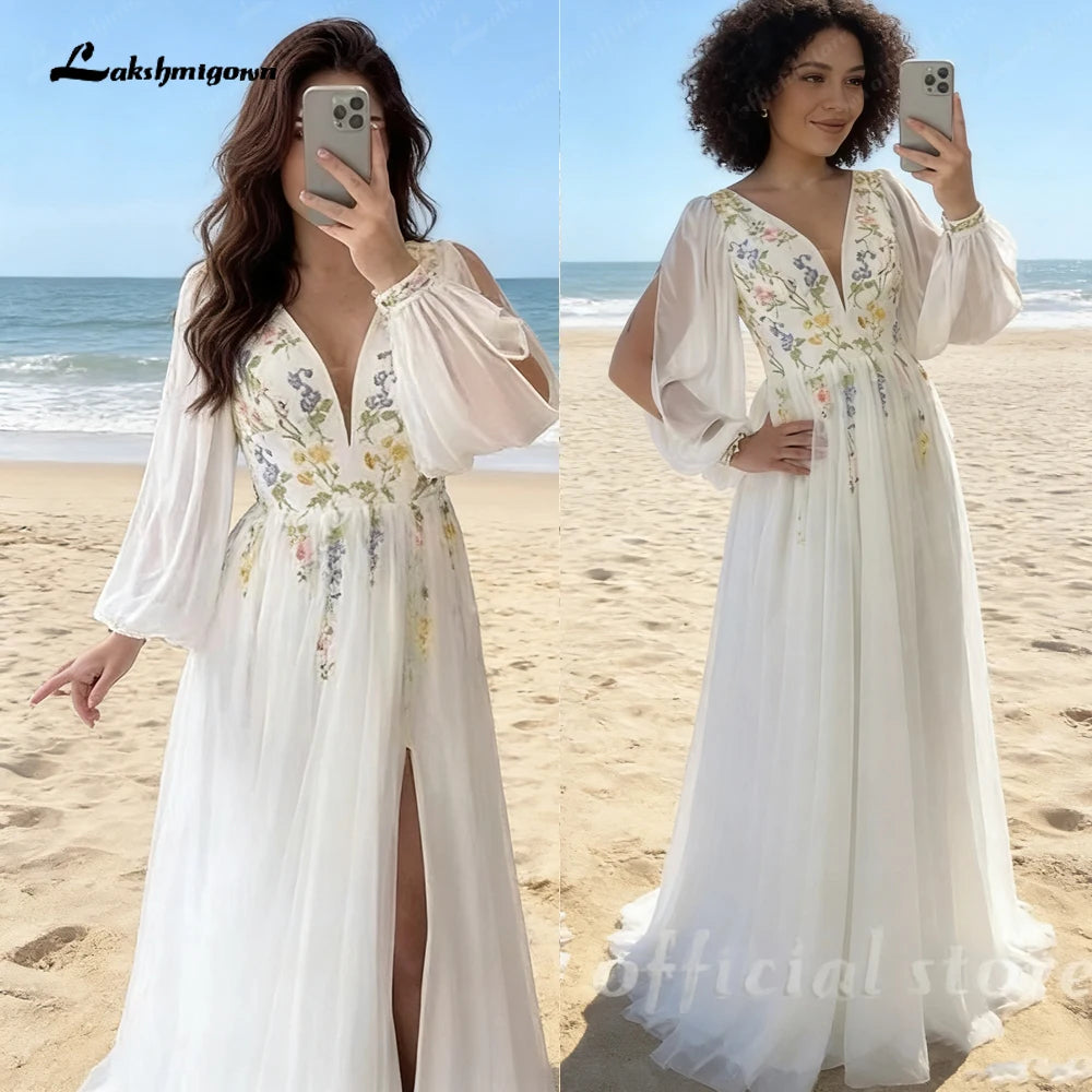 Lakshmigown Embroidery Flower V-Neck Puff Sleeve Wedding Dress Chiffon Floor-length A-line Evening Gown Customized