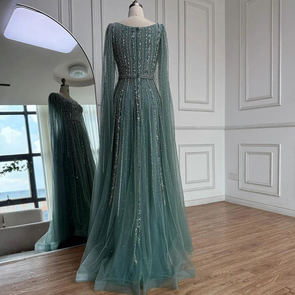 Serene Hill Turquoise Square Collar Beaded Evening Dress with Cape Sleeves Dubai Pary Gowns for Women DLA73188 Customized