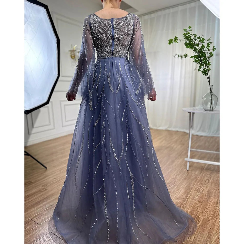 Serene Hill Customized Blue A Line Beaded Evening Dresses Arabic Wedding Party Formal Gowns 2024 For Women DLA72099 rts