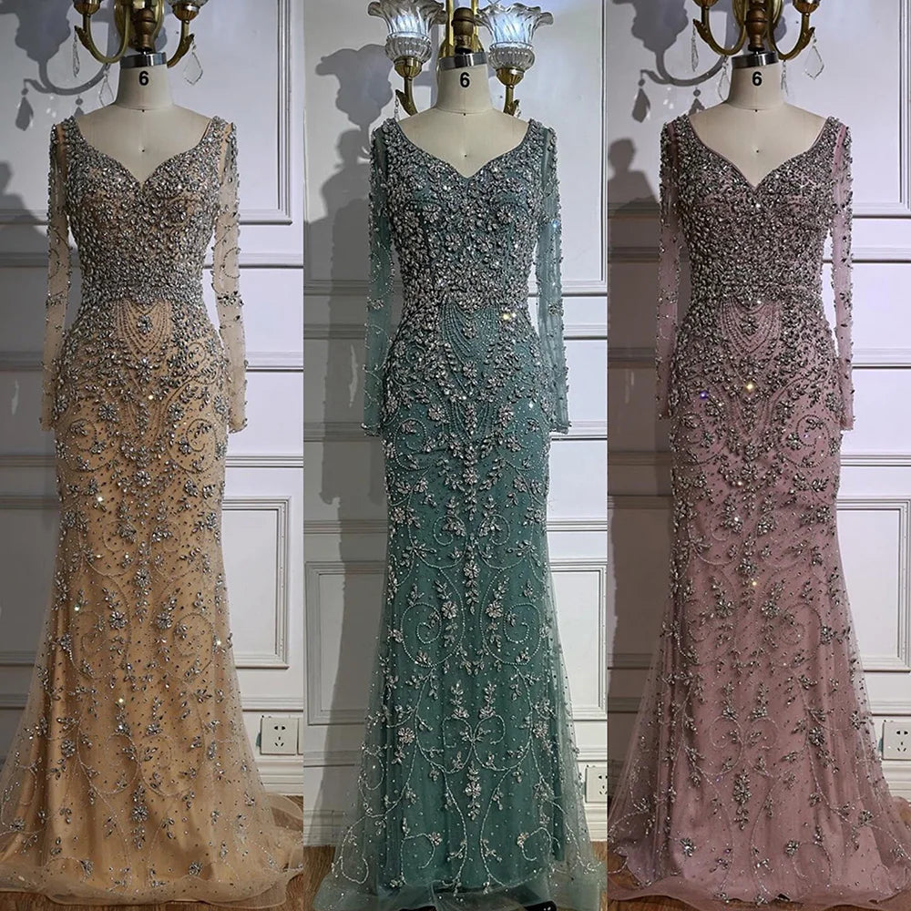 Serene Hill Turquoise V-neck Long Sleeve Mermaid Beaded Evening Dresses 2025 Luxury Party Gowns for Women DLA73042 Customized