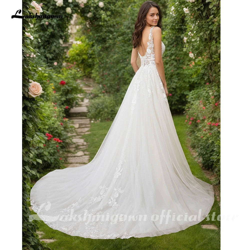Lakshmigown A Line Plunging V Neck Wedding Dress with Flowy Tulle Skirt for Bridal Reception Elopement Outdoor Street