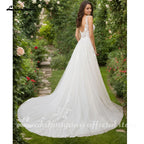 Lakshmigown A Line Plunging V Neck Wedding Dress with Flowy Tulle Skirt for Bridal Reception Elopement Outdoor Street