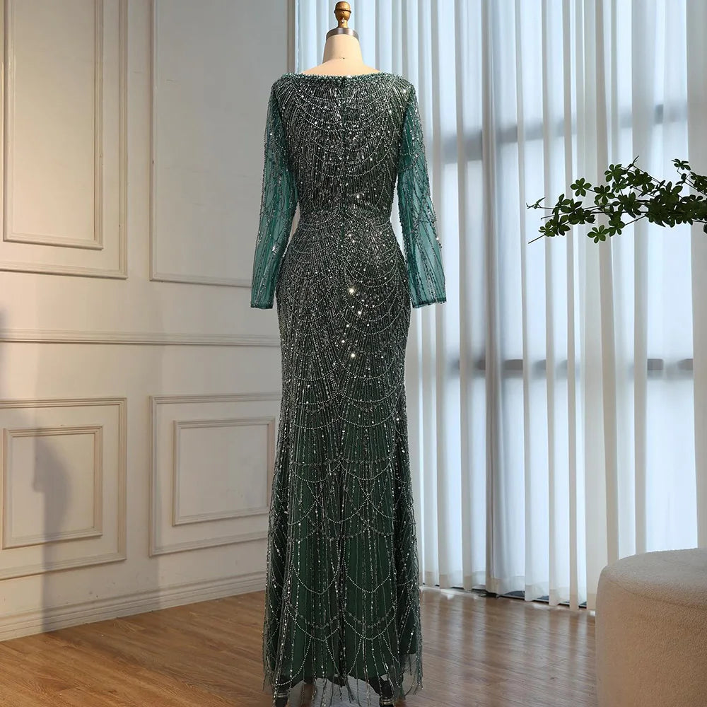 Serene Hill Green Square Collar Long Sleeve Mermaid Pearls Beaded Evening Party Gown Overskirt Dress DLA72032N Customized