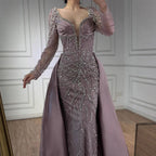 Serene Hill Customized 2026 High-end Beaded Blue Long Sleeves Evening Dress with Overskirt Satin Party Gowns for Women DLA72963