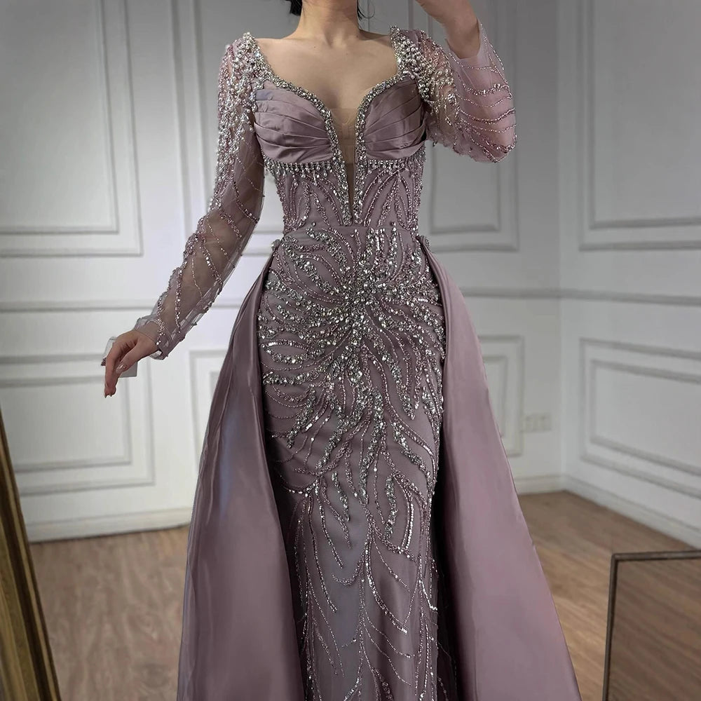 Serene Hill Customized 2026 High-end Beaded Blue Long Sleeves Evening Dress with Overskirt Satin Party Gowns for Women DLA72963