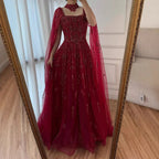 Serene Hill Customized 2025 Wine Red A Line Cape Sleeves Luxury Beaded Evening Dresses Formal Party Gowns for Women DLA72764