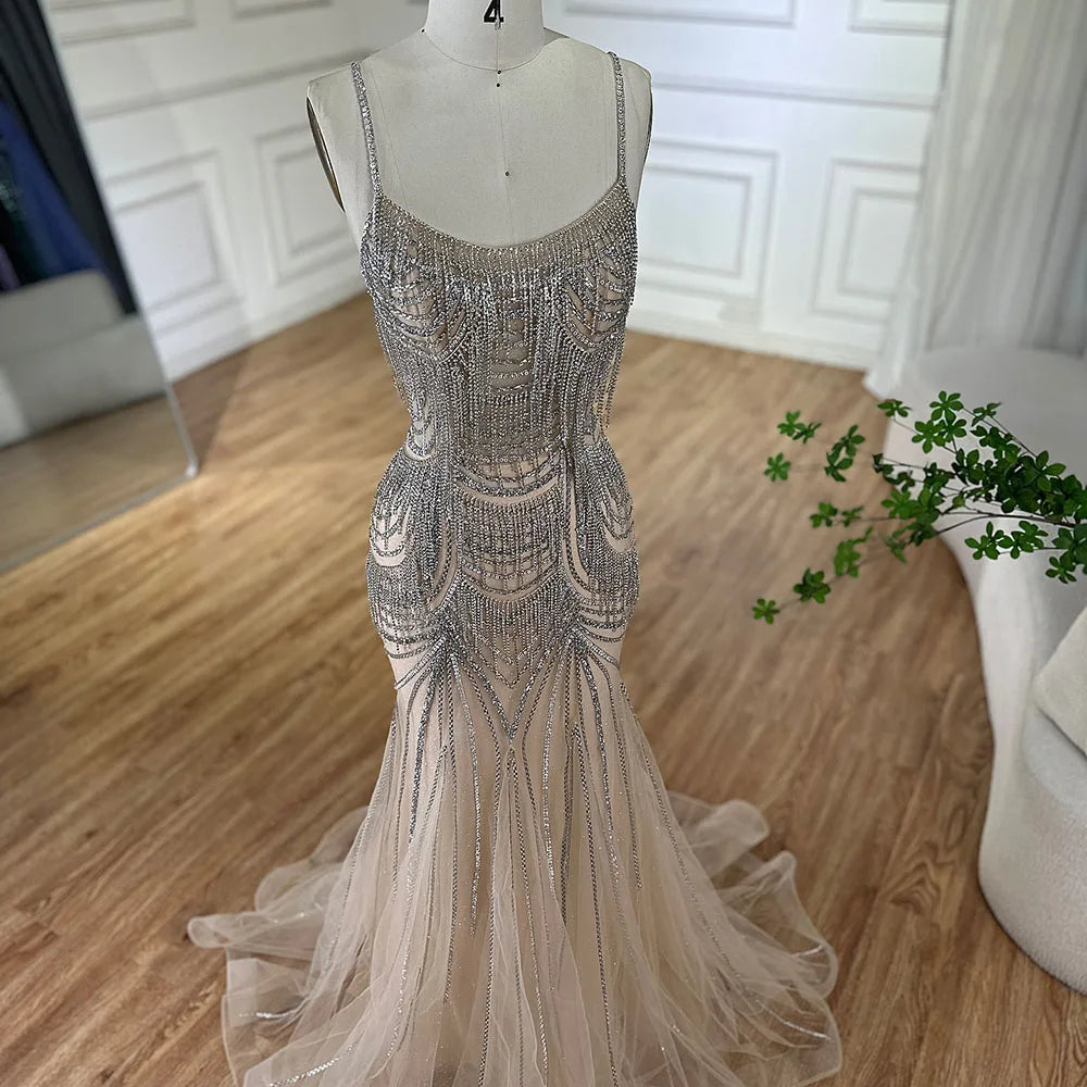 Robe de soirée sirène luxueuse en cristal rose nude avec franges LA72772