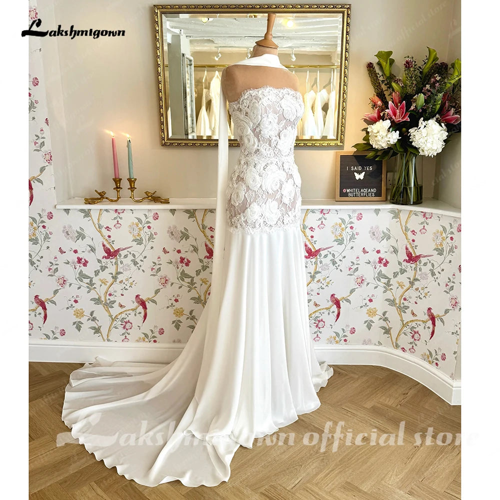 Lakshmigown Strapless Illusion Mermaid Wedding Dress 2027 with Shawl Bohemian Bridal Gowns Open Back Robe Mariee Customized