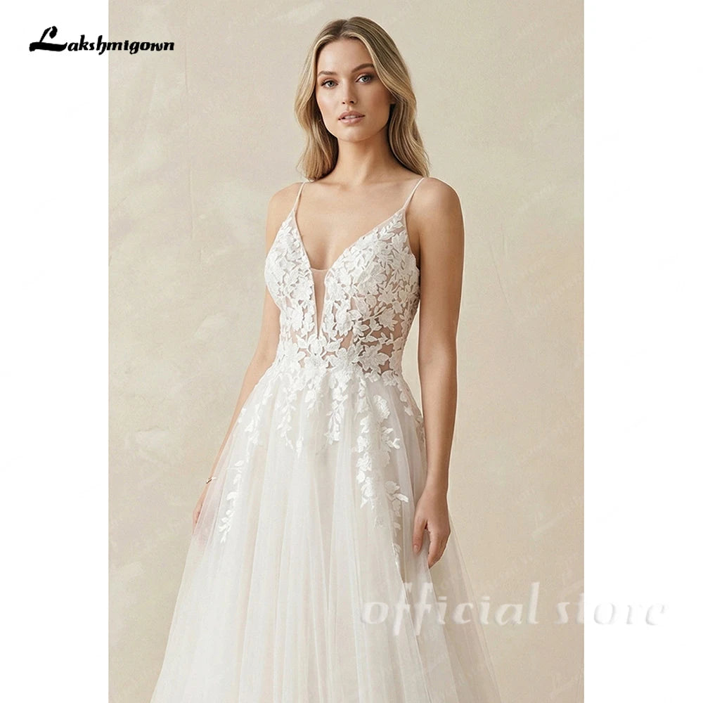 Lakshmigown Boho Lace Appliques Wedding Dress Spaghetti Straps Bohemian Wedding Gown for Garden Beach  Customized