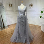 Serene Hill Customized Turquoise Long Sleeves Mermaid Beaded Evening Dresses Overskirt Party Gowns For Women DLA72239A