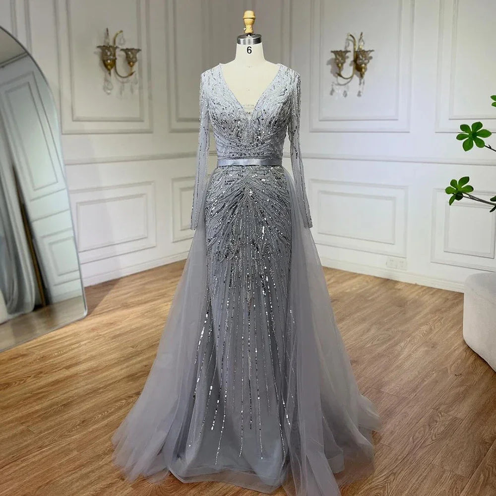 Serene Hill Customized Turquoise Long Sleeves Mermaid Beaded Evening Dresses Overskirt Party Gowns For Women DLA72239A