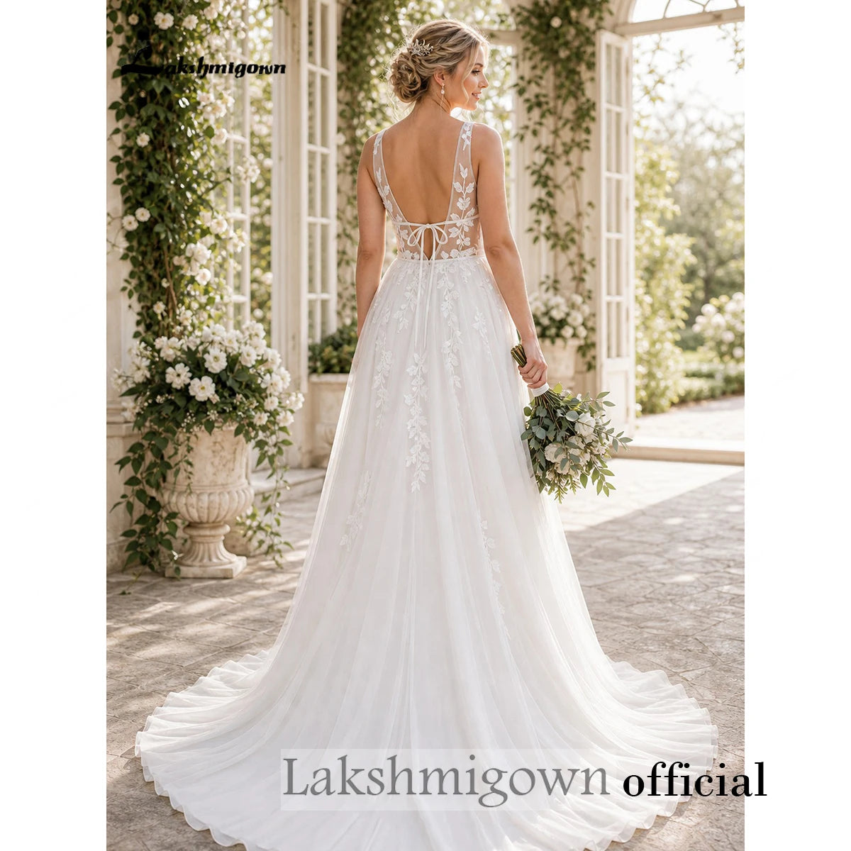 Lakshmigown Sexy Boho Country Tulle Illusion Wedding Dress Deep V‑Neck Sleeveless Lace Appliques Tulle Bridal Gown Customized