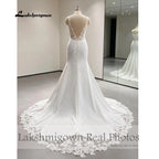 Lakshmigown Lace Appliques Beading Mermaid /Trumpet Wedding Dresses Chapel Train V-Neck Spaghetti Straps Bridal Gown Customized