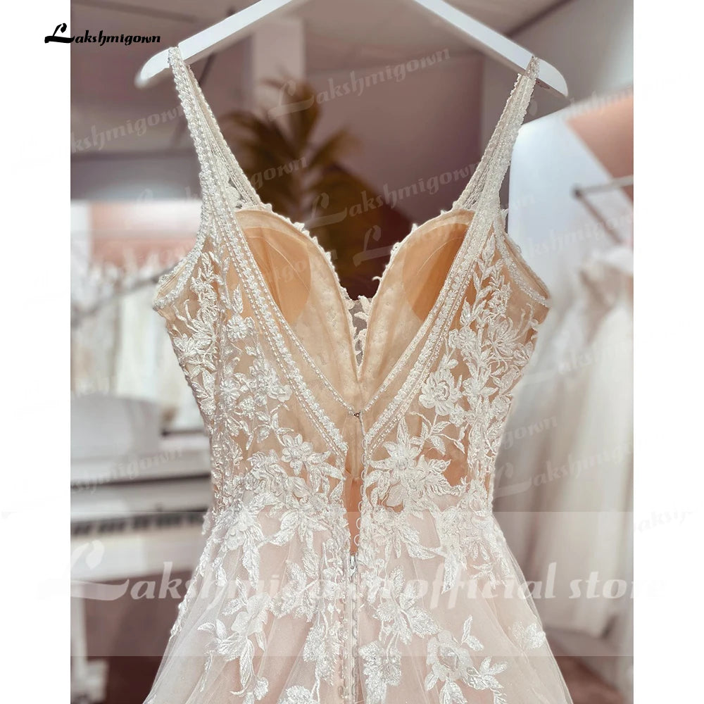 Lakshmigown Sexy Beach Wedding Dresses Illusion Appliques Boho Bride Dresses Open Back A-Line Tulle Bridal Gowns Robe De Mariee