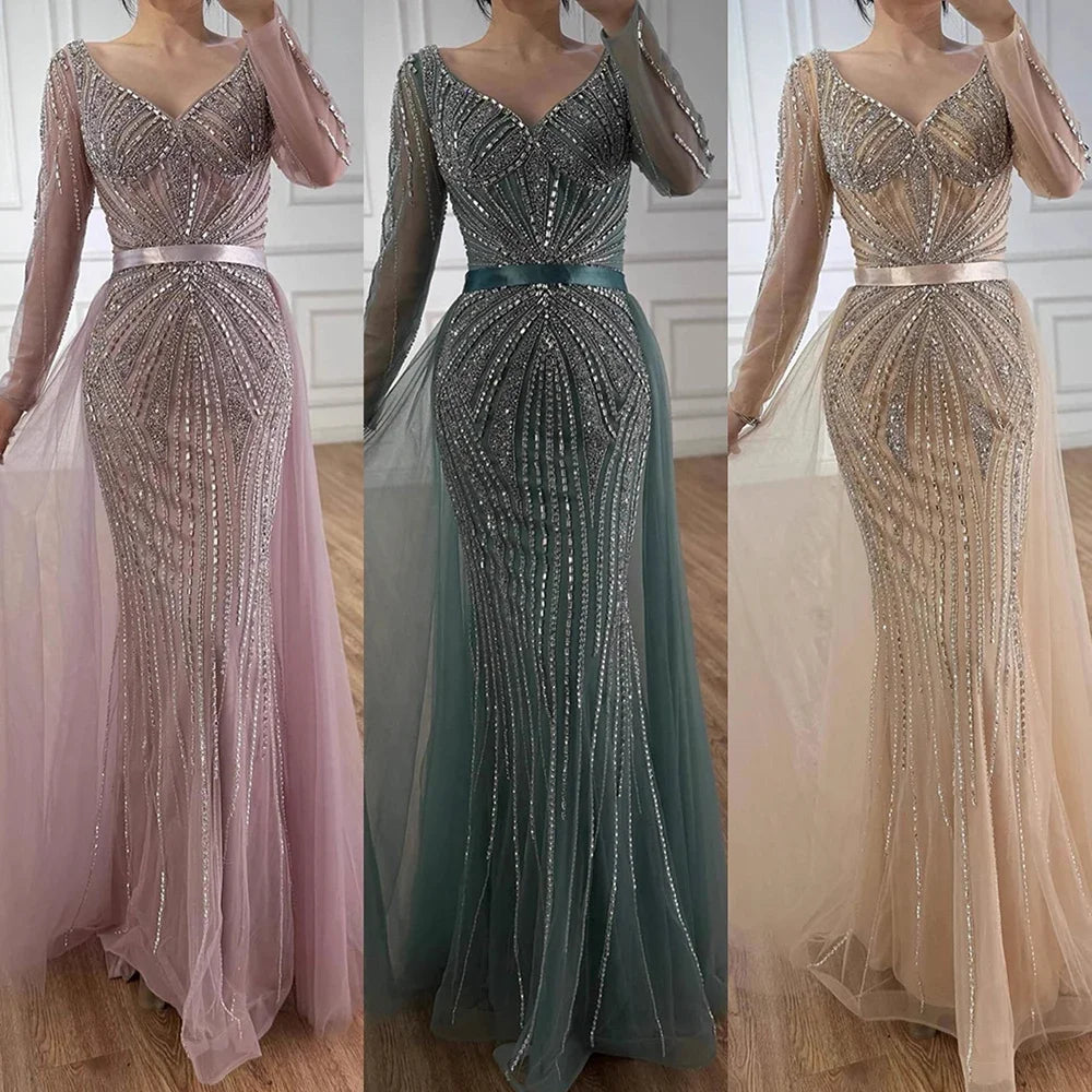Serene Hill Pink V-neck Long Sleeves Beaded Evening Dress with Detachable Overskirt Party Gown for Women Customized DLA73156