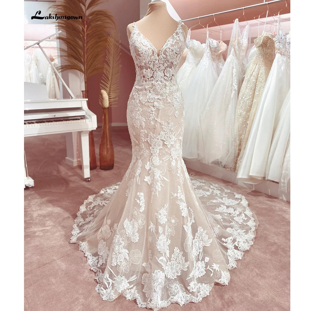 Lakshmigown Spaghetti Straps Floral Lace Mermaid Wedding Dress Vestido Novia V Neck Civil Bridal Boho Wedding Gowns Customized