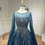 Serene Hill Blue Cape Sleeves A-Line Beaded Evening Dresses Customized Party Gowns for Women DLA72248A