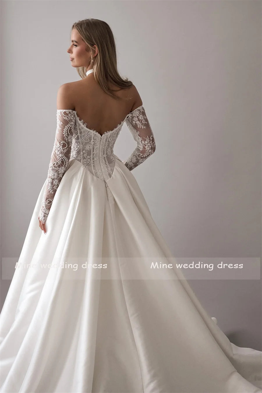 Customized Lace For Sweetheart And 3/4 Sleeve A-Line Satin Skirt Wedding Dress Backless Zipper Bridal Gown Robe De Mariée