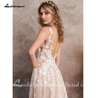 Lakshmigown Champagne A-Line Wedding Dresses Appliques V-neck Backless Robe Mariee Boho Lace Bridal Gowns  Customized