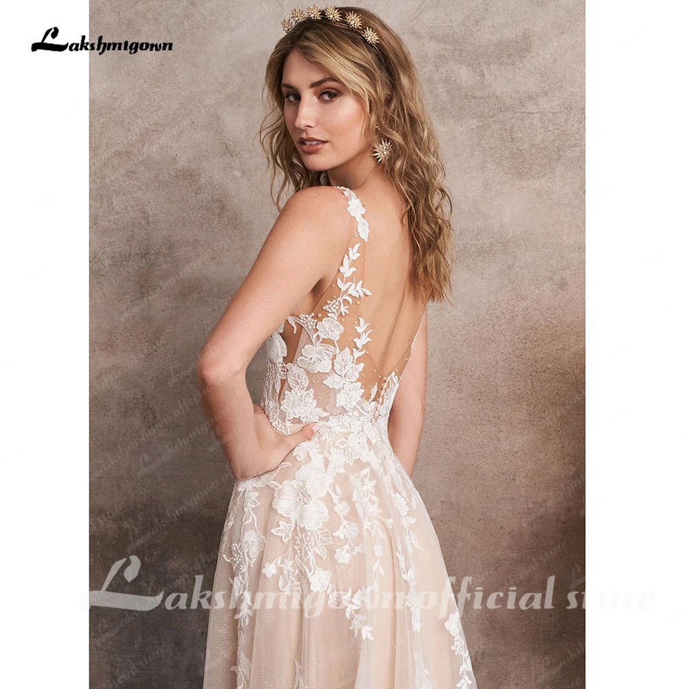 Lakshmigown Champagne A-Line Wedding Dresses Appliques V-neck Backless Robe Mariee Boho Lace Bridal Gowns  Customized