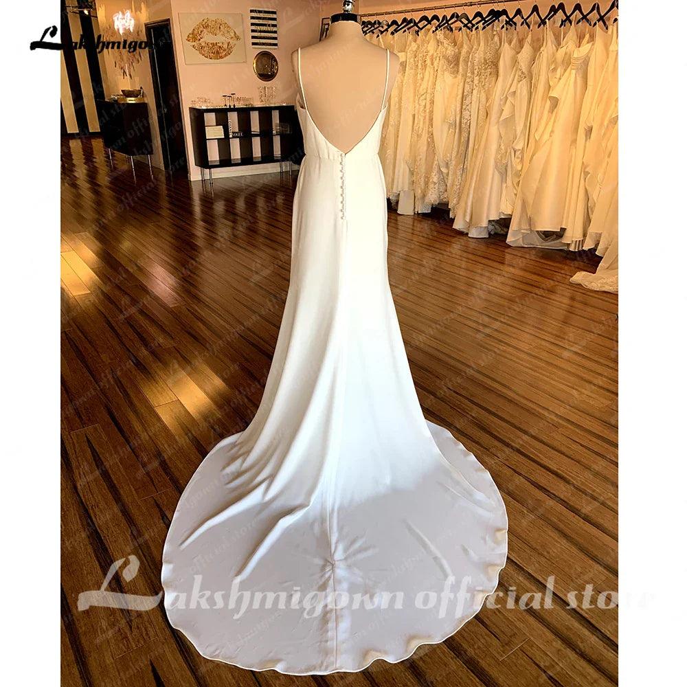 NumberSea Spaghetti Straps Satin Wedding Dresses For Women Off White Wedding Gowns Backless Sexy Party Gowns