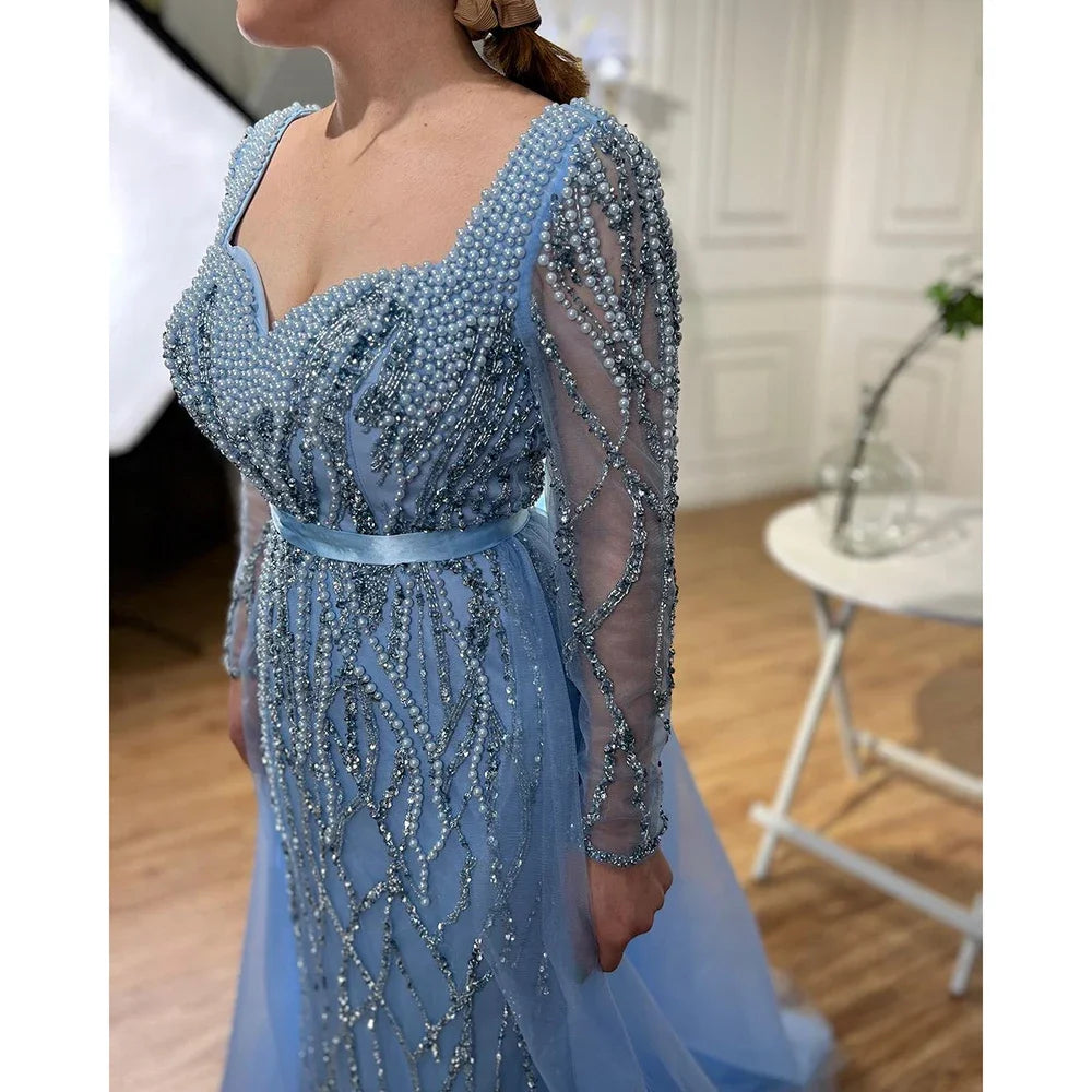 Serene Hill Customized Blue Long Sleeves Mermaid Pearls Beaded Evening Dresses Elegant Party Gowns For Women Wedding DLA71861