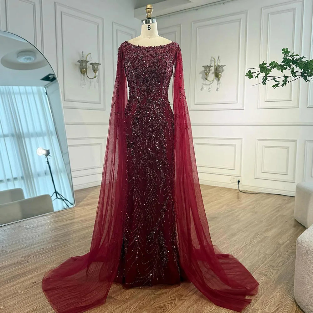Serene Hill Customized Caramel O-Neck Mermaid Evening Dress with Cape Sleeve 2026 Wedding Party Gowns for Women DLA71804