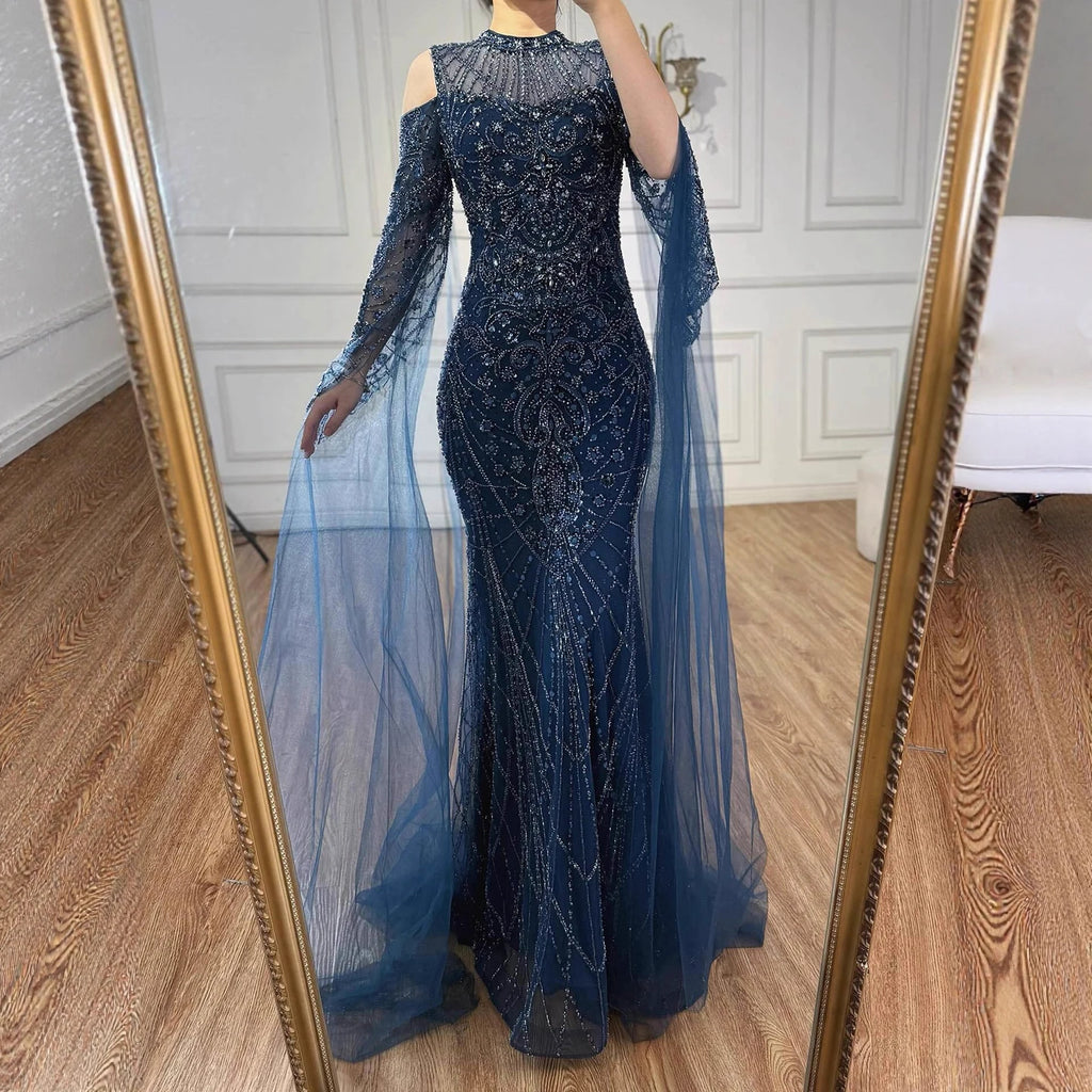 Serene Hill Navy Blue O-neck Cold Shoulder Mermaid Beaded Evening Dress Party Gowns with Cape Sleeves Customized DLA73323
