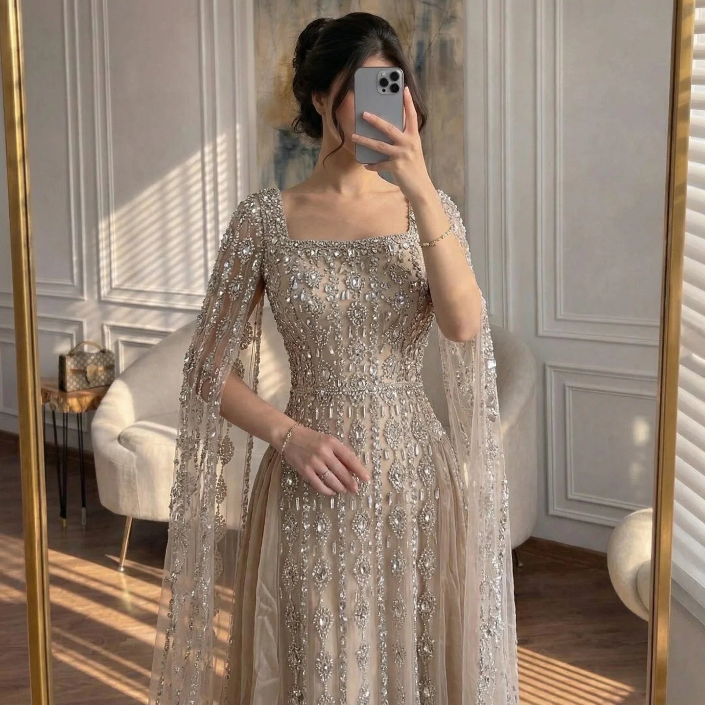 Serene Hill Luxury Beaded Evening Gown Elegant Cape Sleeve Square Neck Muslim Wedding Party Dress 2026 DLA73272 Customized