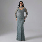 Serene Hill Customized Turquoise Evening Dresses with Neck Lace 2026 Long Sleeves Mermaid Beaded Elegant Party Gowns DLA73042B