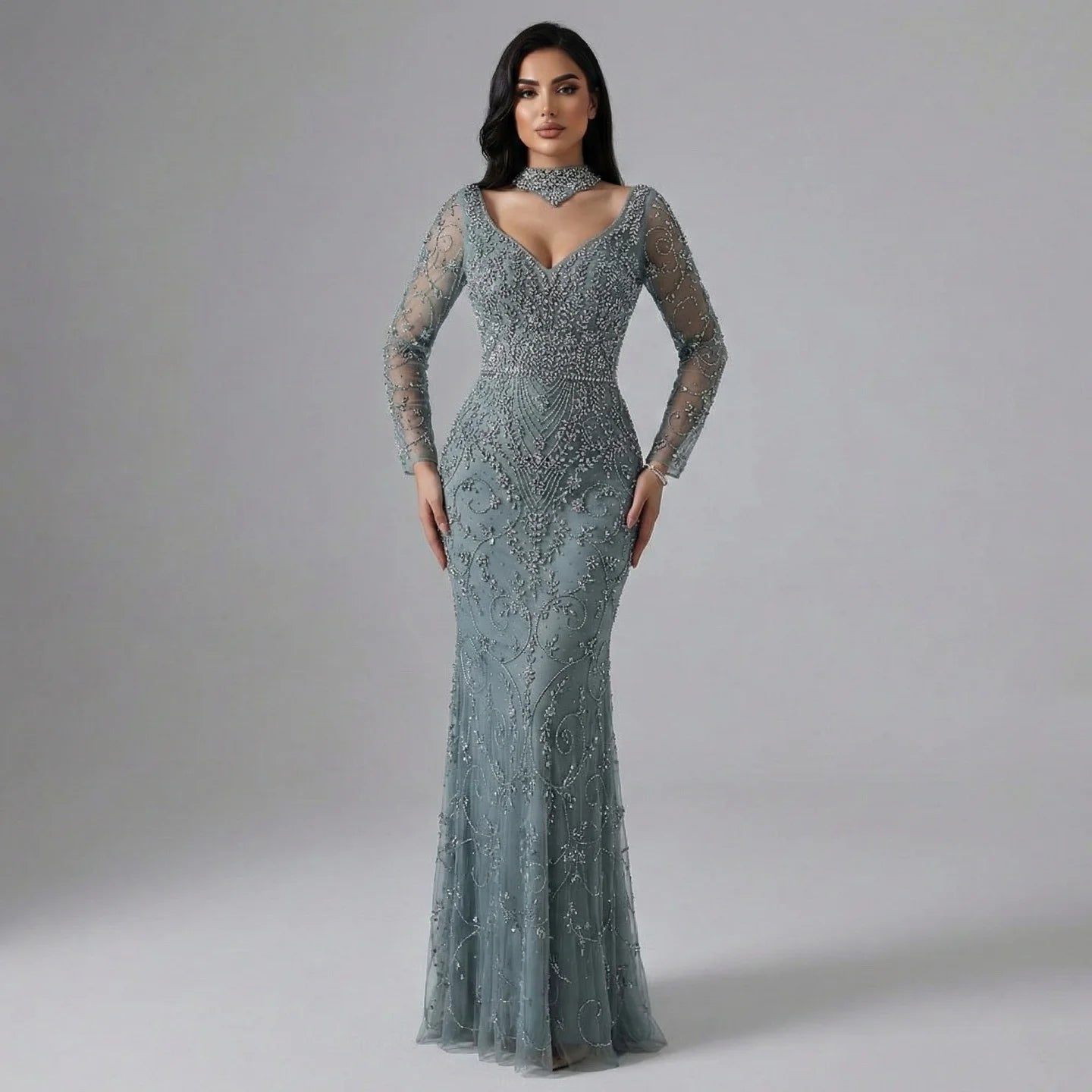 Serene Hill Customized Turquoise Evening Dresses with Neck Lace 2026 Long Sleeves Mermaid Beaded Elegant Party Gowns DLA73042B