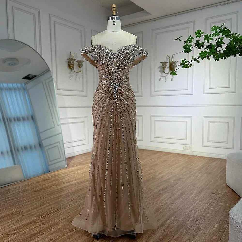 Serene Hill 2026 Nude Luxury Beaded Mermaid Off Shoulder Evening Dress Formal Party Gowns for Women Customized DLA73128