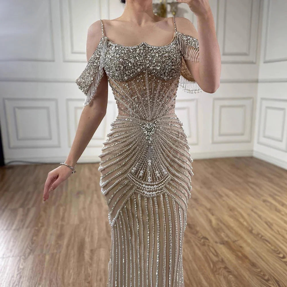 Serene Hill 2025 Customized Pink Off Shoulder Mermaid Evening Dress Luxury Beaded Party Gowns for Women DLA73148