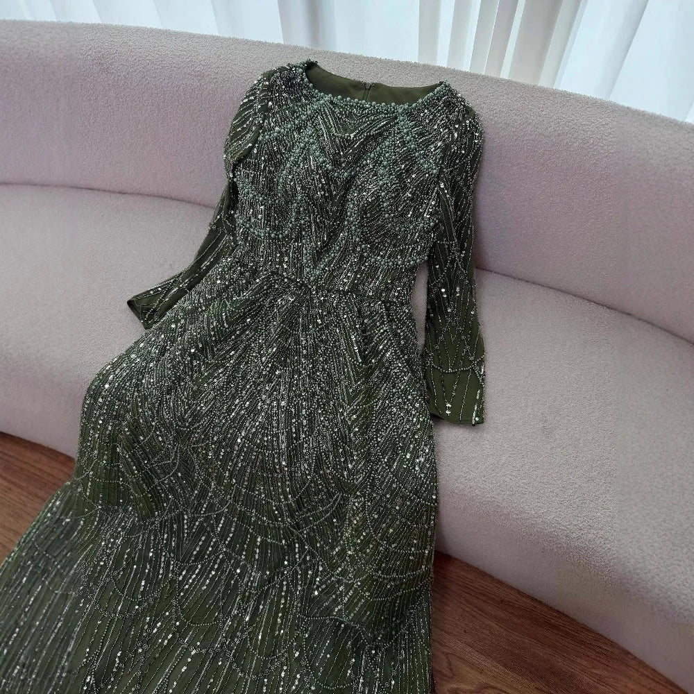 Serene Hill Wine Red Long Sleeves Muslim A-line Evening Dress Pearls Beaded Party Gowns for Women Plus Size Customized DLA72738B