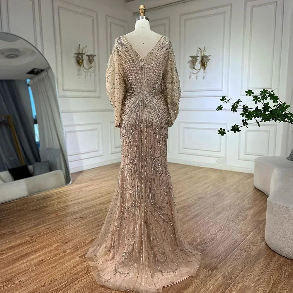 Serene Hill Nude V-neck Mermaid Beaded Evening Dresses 2025 Wedding Party Gowns For Women DLA72288A Customized