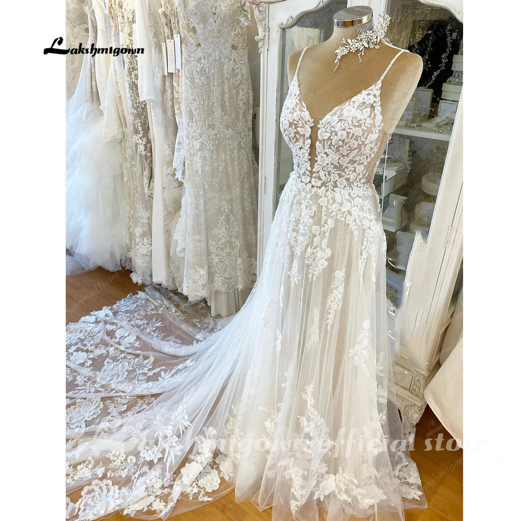 Lakshmigown Spaghetti Straps Lace Wedding Dress Sexy Bridal Robe Plunging V Neck Tulle Boho Wedding Gown Abiti Sposa Customized