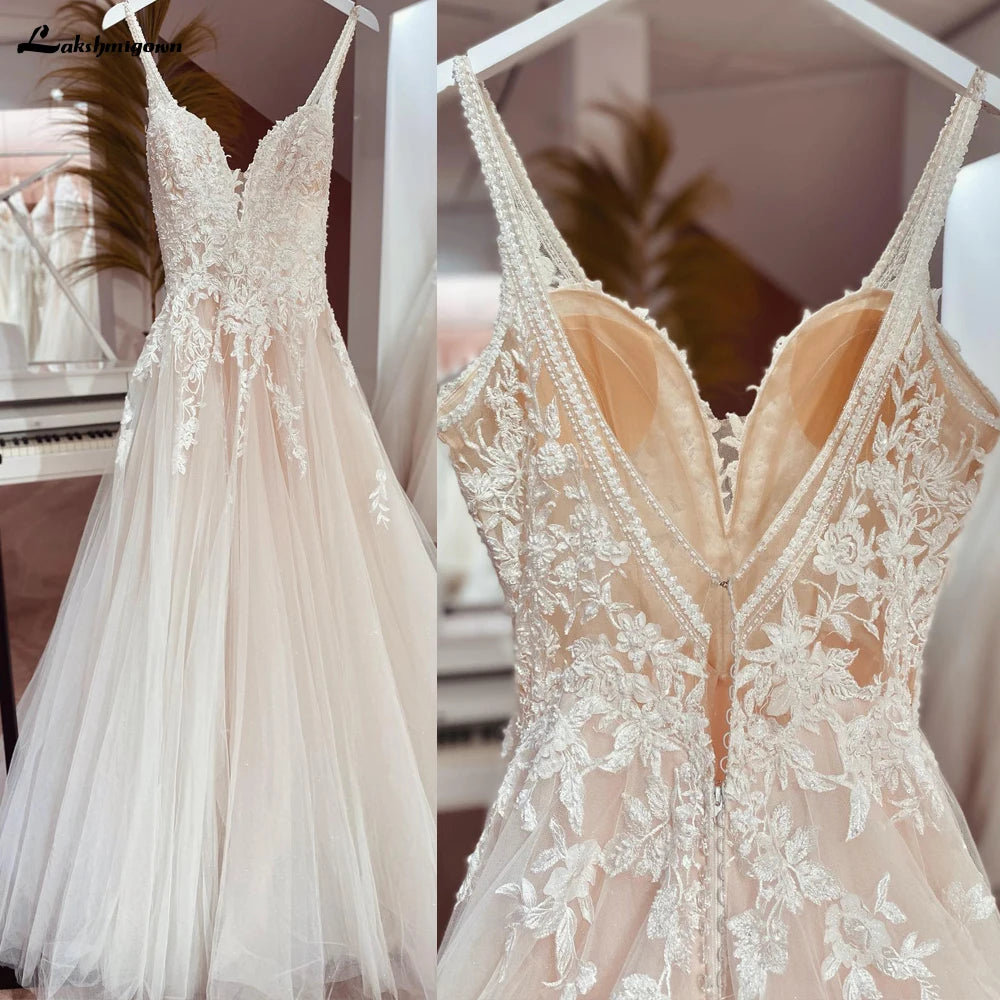 Lakshmigown Sexy Beach Wedding Dresses Illusion Appliques Boho Bride Dresses Open Back A-Line Tulle Bridal Gowns Robe De Mariee