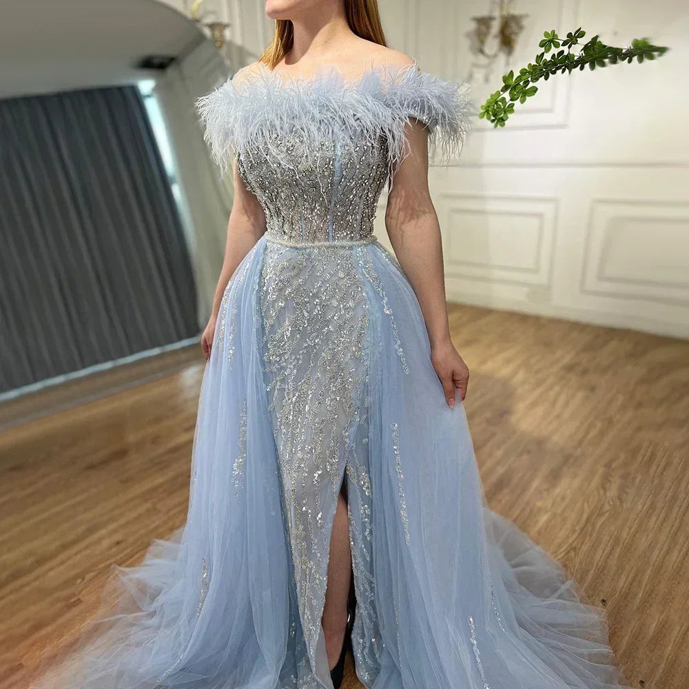 Serene Hill Yellow Feathers Beaded Mermaid Evening Dresses with Overskirt Side Slit Party Gowns for Women DLA72061 Customized