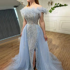 Serene Hill Yellow Feathers Beaded Mermaid Evening Dresses with Overskirt Side Slit Party Gowns for Women DLA72061 Customized