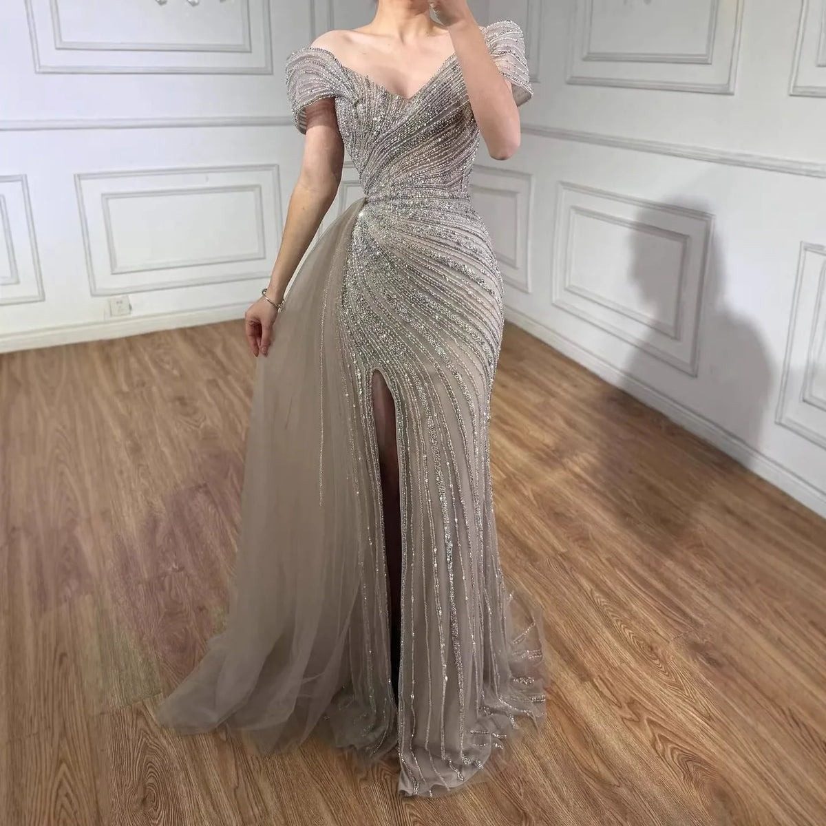 Serene Hill Elegant Off Shoulder Mermaid Beaded Party Dress Luxury Split Open Evening Gown with Side Train Customized DLA72400