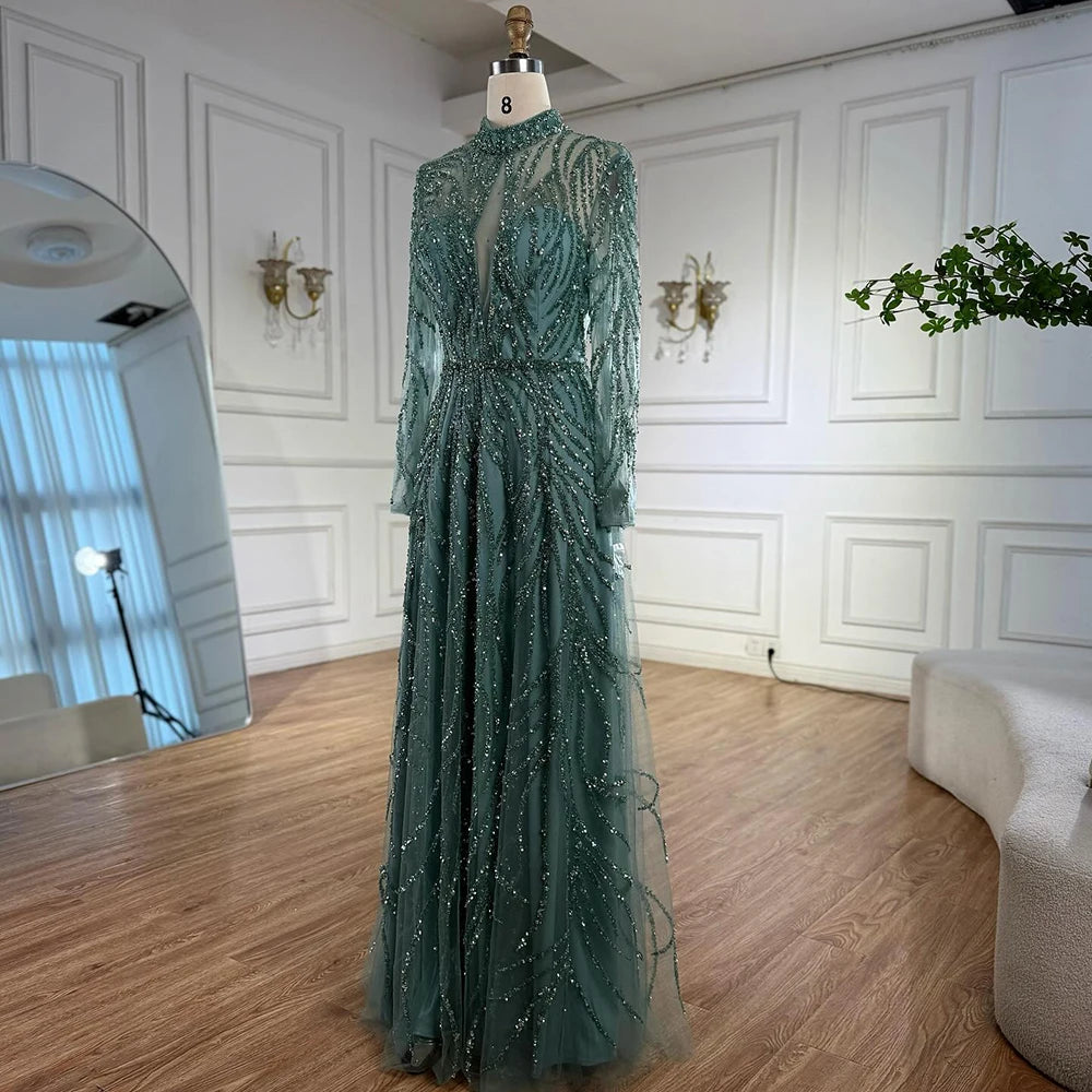 Serene Hill Customized Elegant Turquoise A Line Evening Dress with High Neck Beaded Design for Women Formal Party Gown DLA71682A