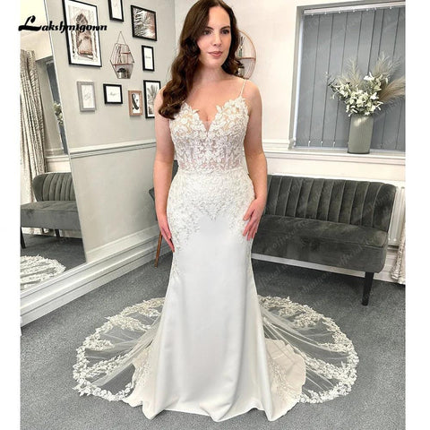 Vestido de noiva para mulher NumberSea, sereia, sexy, em cetim macio, com renda, 2025, Vedtidos de Noiva, alças finas 