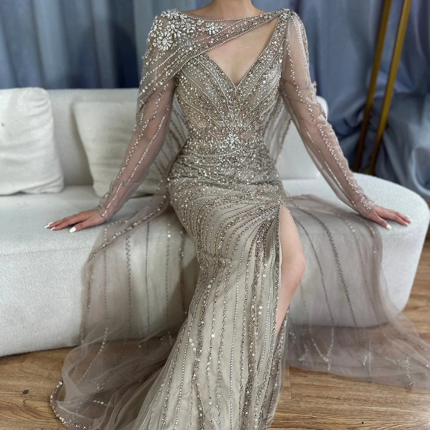 Serene Hill Mermaid Beaded Formal Wedding Party Gowns with High Split Celebrity Evening Dress for Women Customized DLA70301L