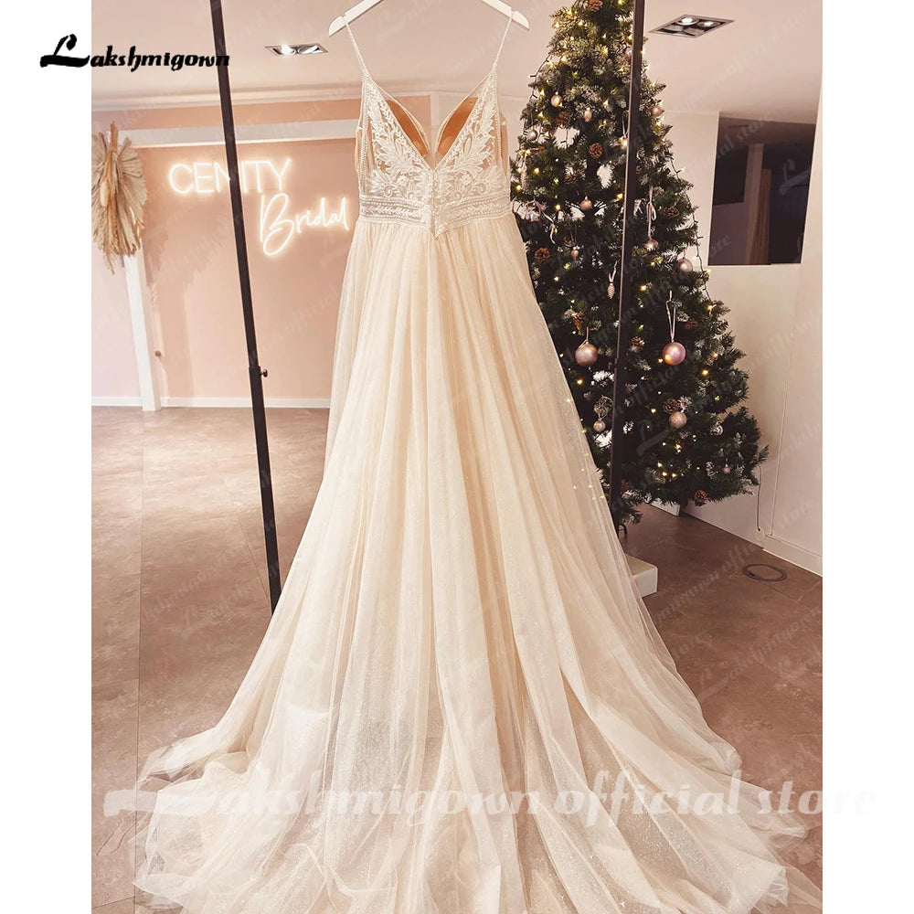 Lakshmigown Spaghetti Straps Champagne Boho Wedding Dress For Women Vestido Civil Bridal Customized Wedding Gowns Suknie Slubne