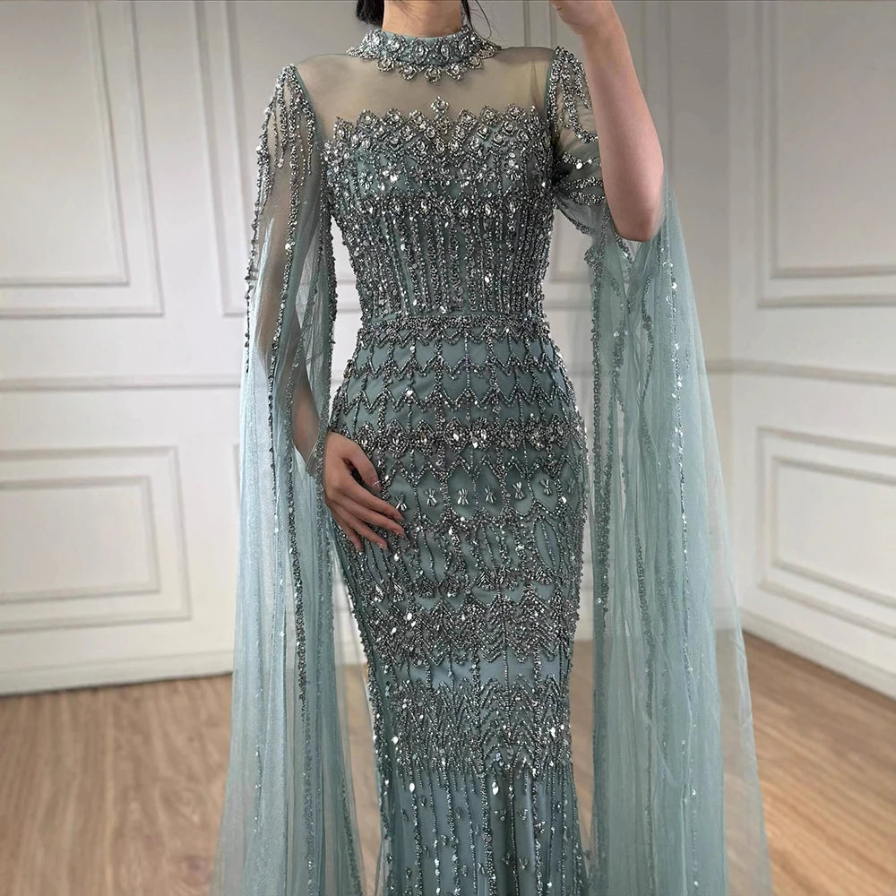 Serene Hill Dubai Blue Beaded Evening Dress with Cape Sleeves 2025 Formal Party Gowns for Women DLA72714A Customized